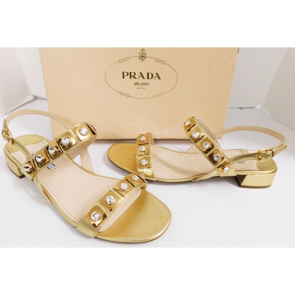 Prada Sandal Flats Shoe Cuban Heel Gold Saffiano Leather‎ Crystal 11 M